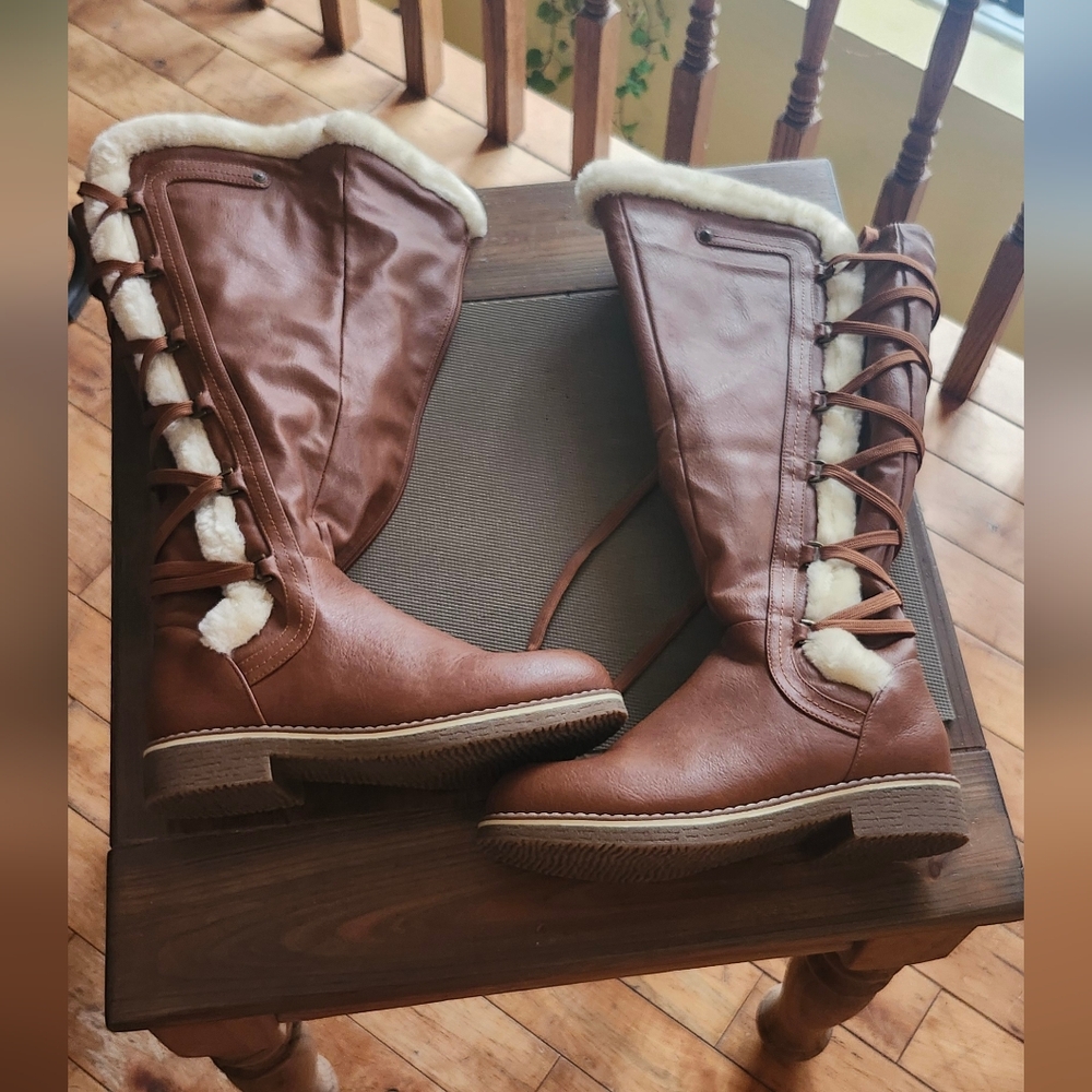 Dream Pairs Brown Knee-High Lace-Up Winter Boots with Faux Shearling